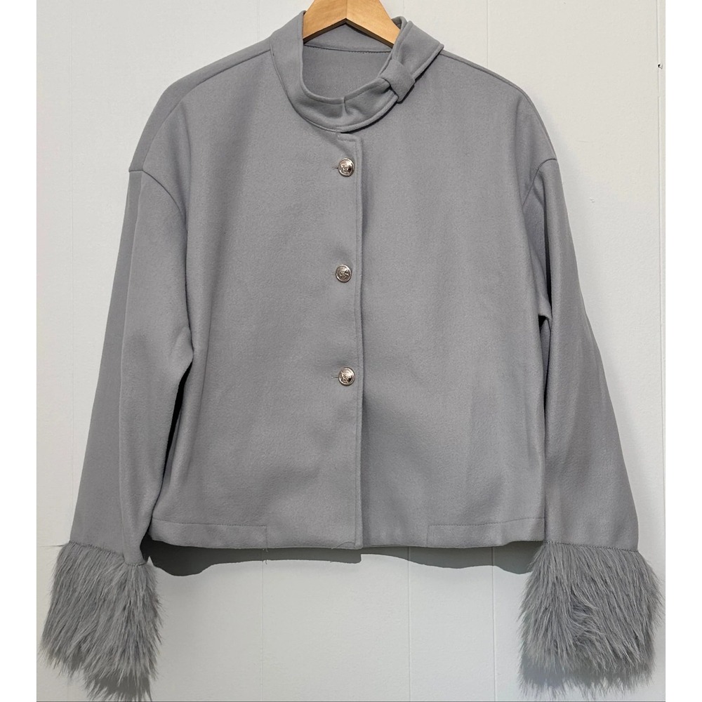 SHEIN Women's Gray Cropped Jacket With Faux Fur‎ Sleeves XL
